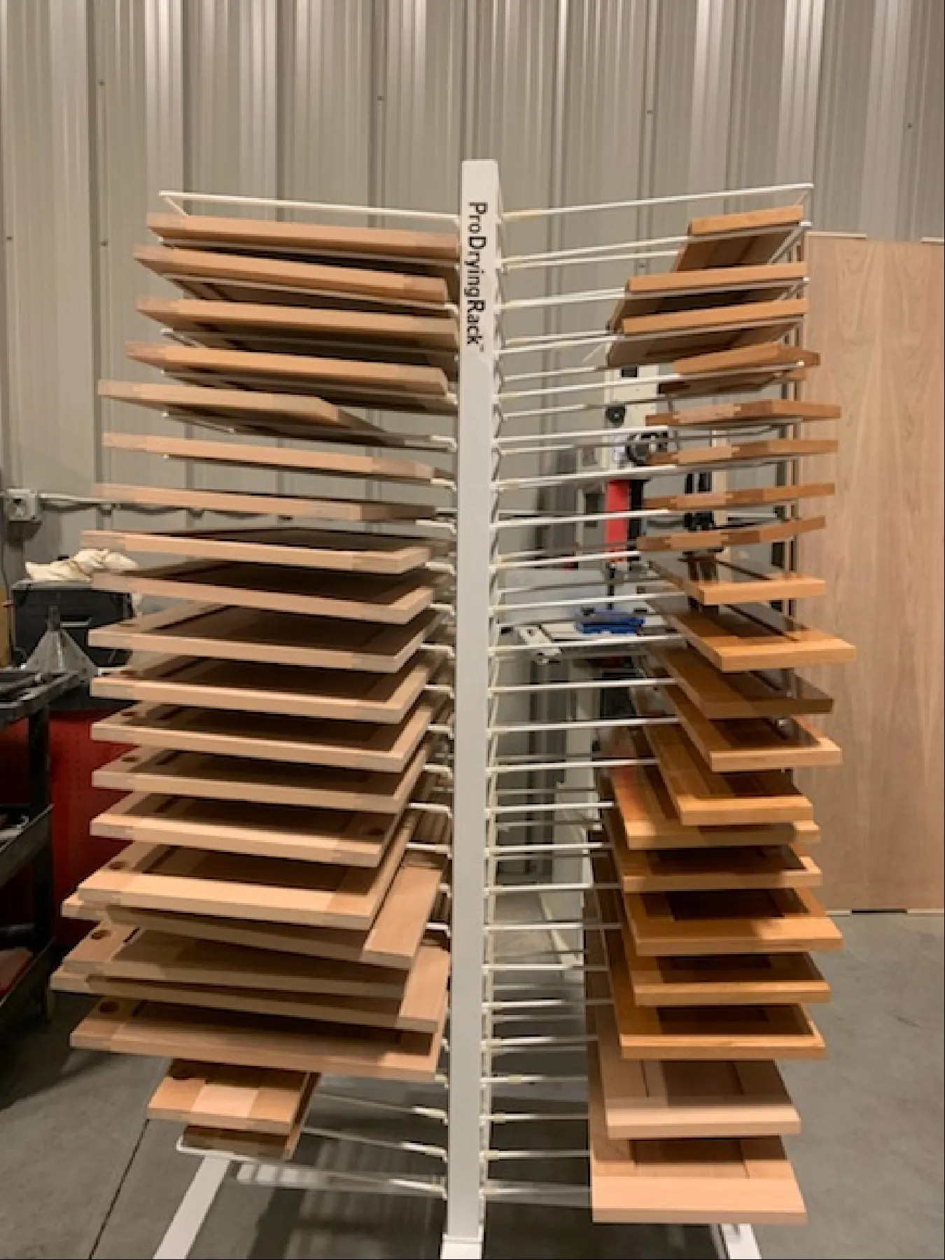 Cabinet door panels on a pro drying rack