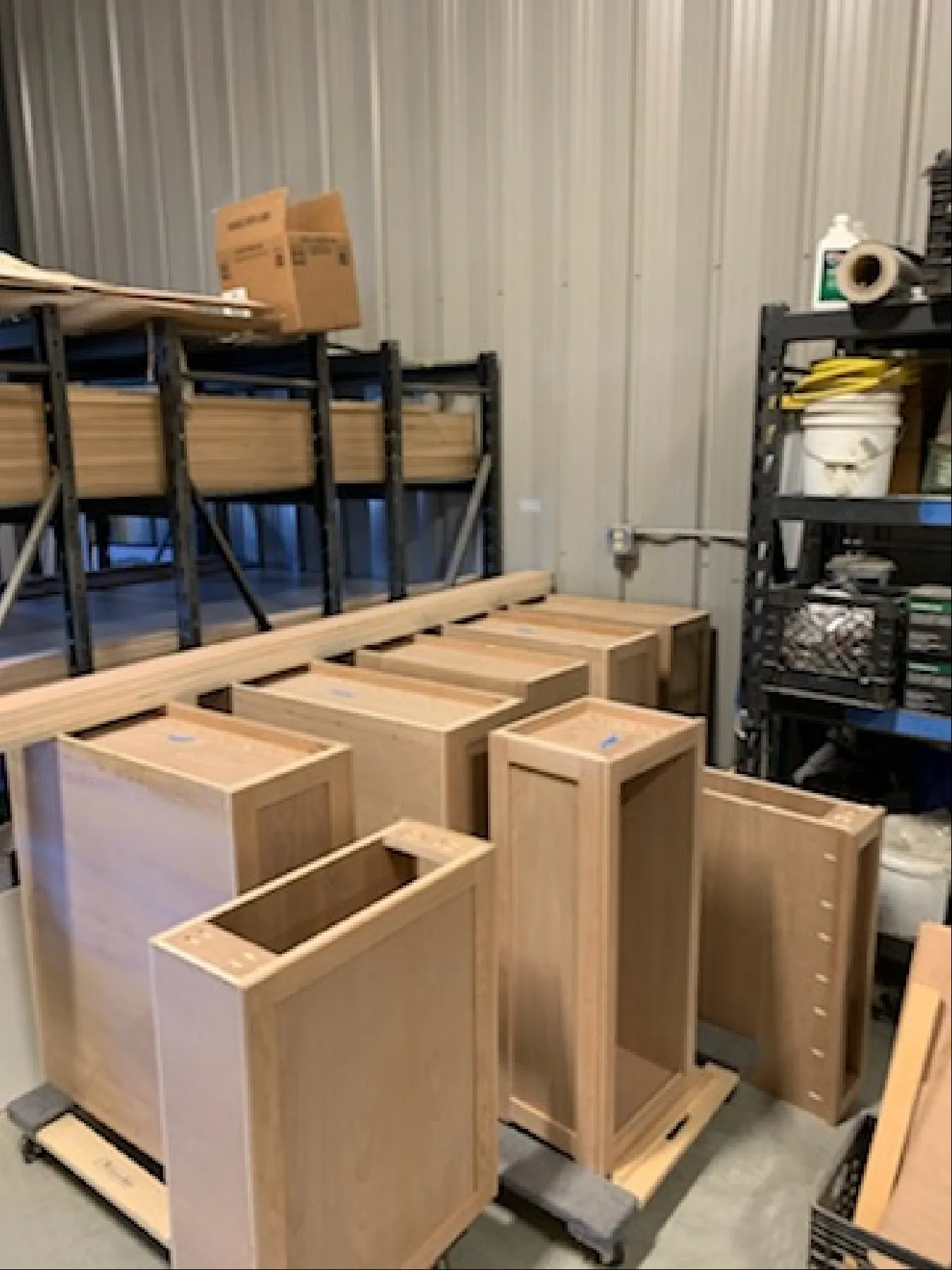 Cabinet boxes grouped together in the shop